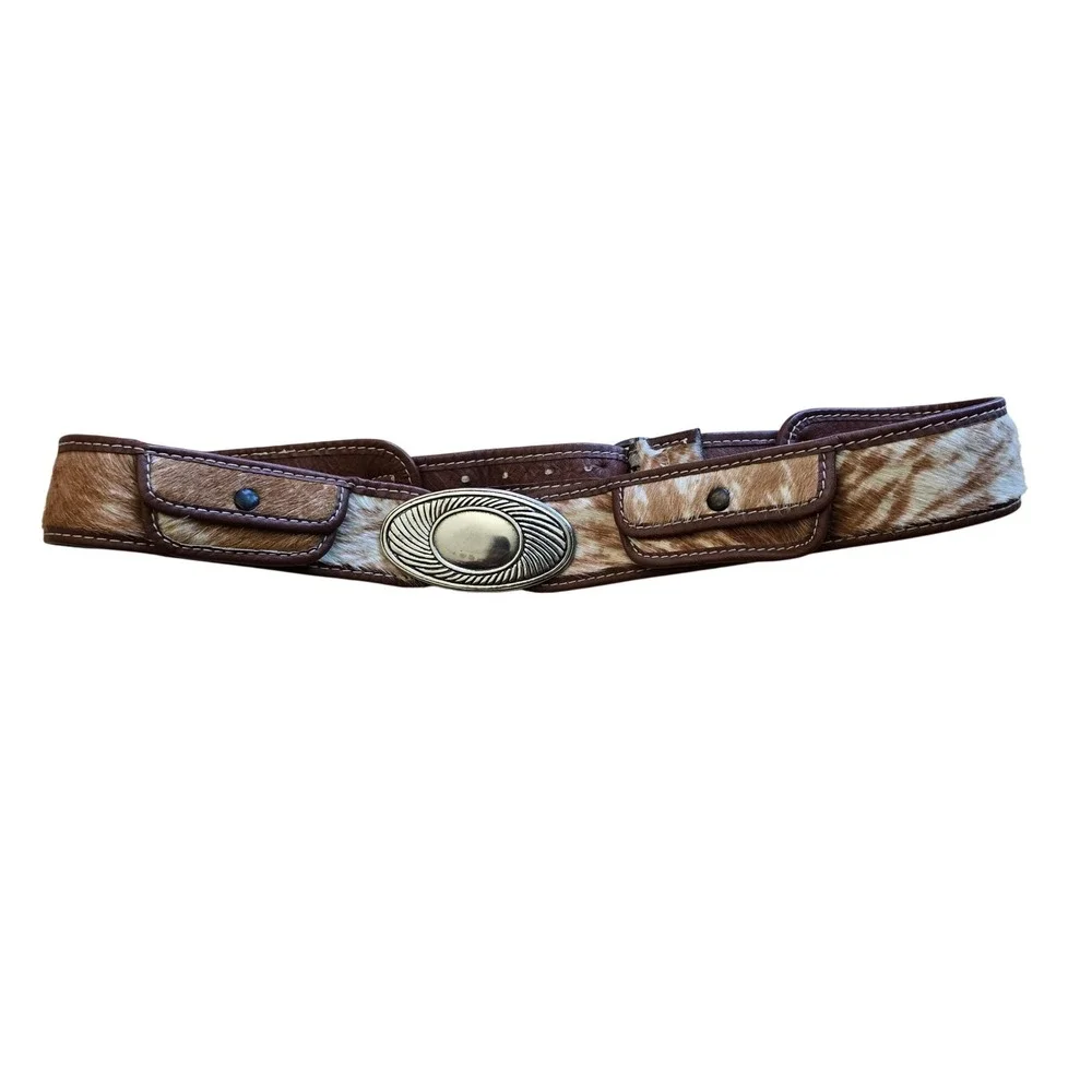 Western Calf Hair Faux‎ Leather Belt with Pouches Tan White Silver Buckle 32in